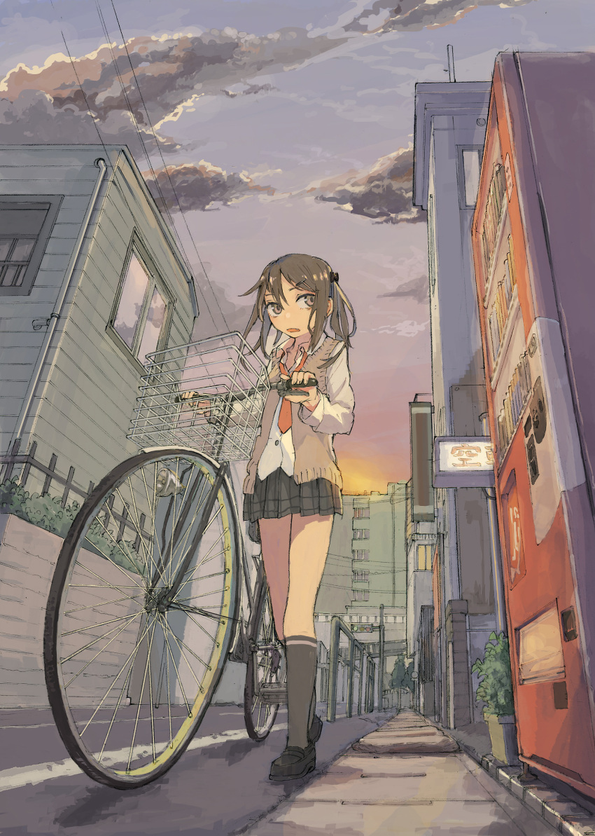 1girl, bicycle, bicycle_basket, black_legwear, brown_eyes, brown_hair, cityscape, clouds