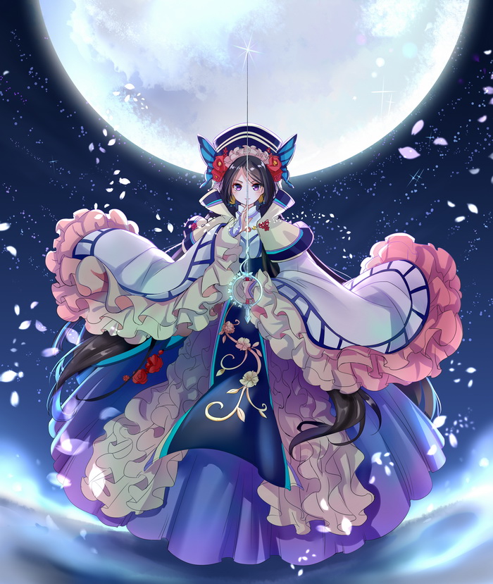 1girl, black_hair, dan_fei, frills, hat, lavender_eyes, long_hair, moon