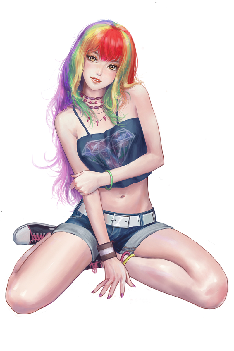 1girl, anklet, bare_arms, bare_legs, bare_shoulders, belt, belt_buckle, between_legs, black_shirt, black_shoes, bracelet, buckle, denim, denim_shorts, diamond_print, full_body, hand_between_legs, hand_on_own_arm, head_tilt, highres, holding_arm, ivan_rubashkin, jewelry, long_hair, looking_at_viewer, midriff, multicolored_hair, nail_polish, navel, necklace, no_socks, original, parted_lips, pink_nails, print_shirt, rainbow_hair, red_lips, shirt, shoes, short_shorts, shorts, simple_background, sitting, sleeveless, smile, solo, stomach, sweatband, white_background, yellow_eyes, yokozuwari