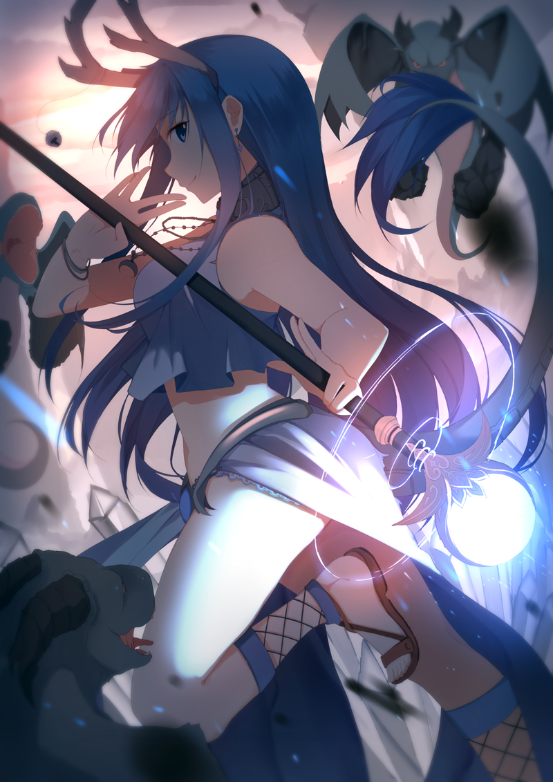 1girl, antlers, backlighting, bare_legs, bare_shoulders, bell, bent_knees, blue_eyes