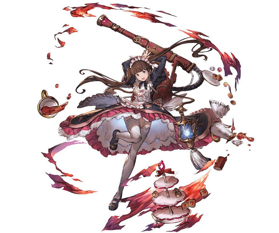 1girl, :d, apron, bangs, black_dress, blunt_bangs, brown_hair, dorothy_(granblue_fantasy)