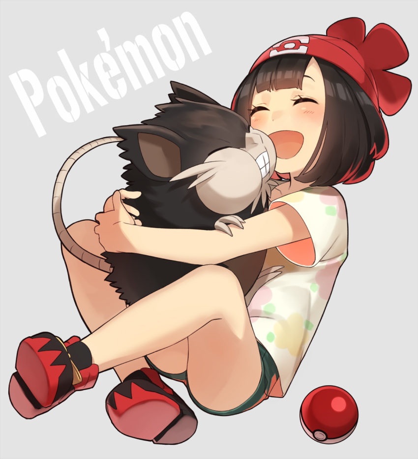 1girl, :d, ^_^, alola_form, alolan_raticate, bangs, bare_arms, bare_legs