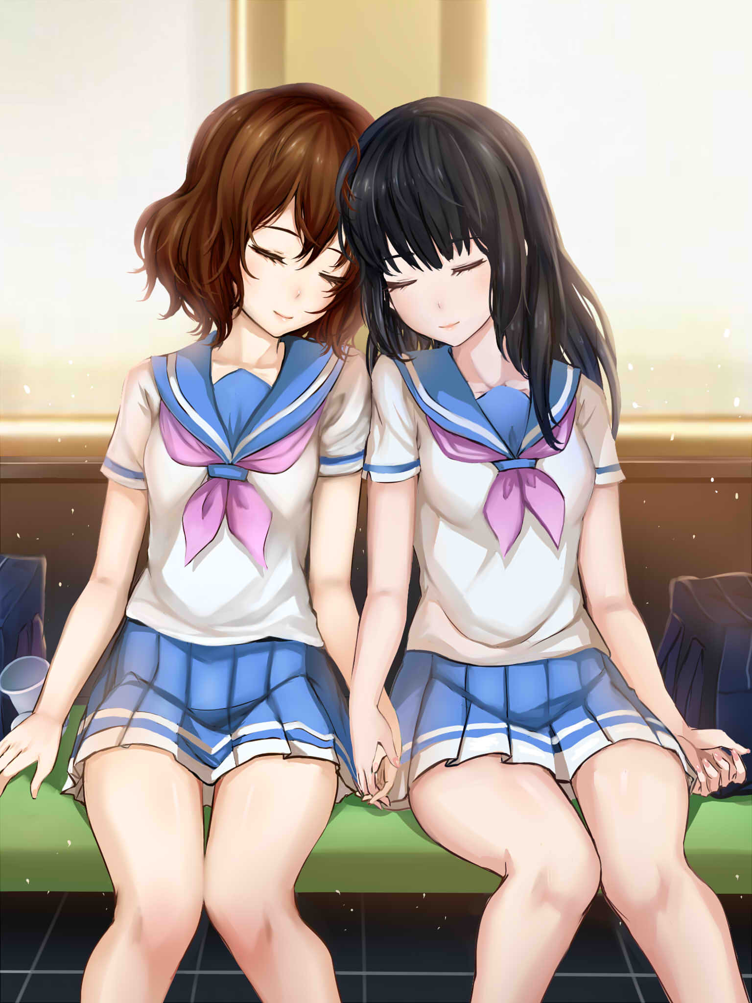 2girls, backlighting, bangs, black_hair, blue_skirt, blunt_bangs, blush, brown_hair