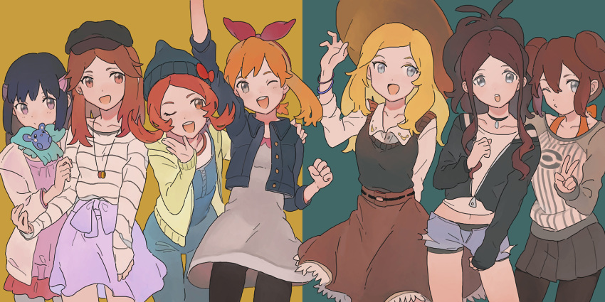 6+girls, :d, :o, ;d, akaneu, arm_behind_back, arm_holding, arm_up, azurill, bangs, beanie, belt, bike_shorts, black_hat, black_legwear, black_shorts, blonde_hair, blouse, blue_(pokemon), blue_eyes, blue_hat, blue_jacket, blue_shorts, blush, bow, bra_strap, bracelet, breasts, brown_hair, brown_skirt, cardigan, casual, character_doll, choker, clenched_hand, cowboy_hat, cowboy_shot, cropped_jacket, double_bun, dress, flat_chest, grey_dress, grey_eyes, grey_skirt, hair_ornament, hair_ribbon, hairband, hairclip, half_updo, halterneck, hand_on_another's_arm, hand_on_headwear, hand_up, haruka_(pokemon), haruka_(pokemon)_(remake), hat, hat_bow, highres, hikari_(pokemon), hood, hood_down, jacket, jewelry, kotone_(pokemon), leaning_forward, long_hair, long_sleeves, looking_at_viewer, low_ponytail, mei_(pokemon), midriff, miniskirt, multiple_girls, navel, no_hat, no_headwear, one_eye_closed, open_cardigan, open_clothes, open_mouth, orange_eyes, orange_hair, overalls, pantyhose, pleated_skirt, pokemon, pokemon_(game), pokemon_bw, pokemon_bw2, pokemon_dppt, pokemon_frlg, pokemon_hgss, pokemon_oras, pokemon_xy, ponytail, purple_skirt, raglan_sleeves, red_bow, red_ribbon, ribbon, scarf, serena_(pokemon), shirt, short_dress, short_shorts, shorts, sidelocks, sketch, skirt, sleeves_past_wrists, small_breasts, smile, stomach, stuffed_toy, sweater_vest, swept_bangs, t-shirt, thigh_gap, touko_(pokemon), twintails, two-tone_background, unzipped, v, very_long_hair, white_shirt