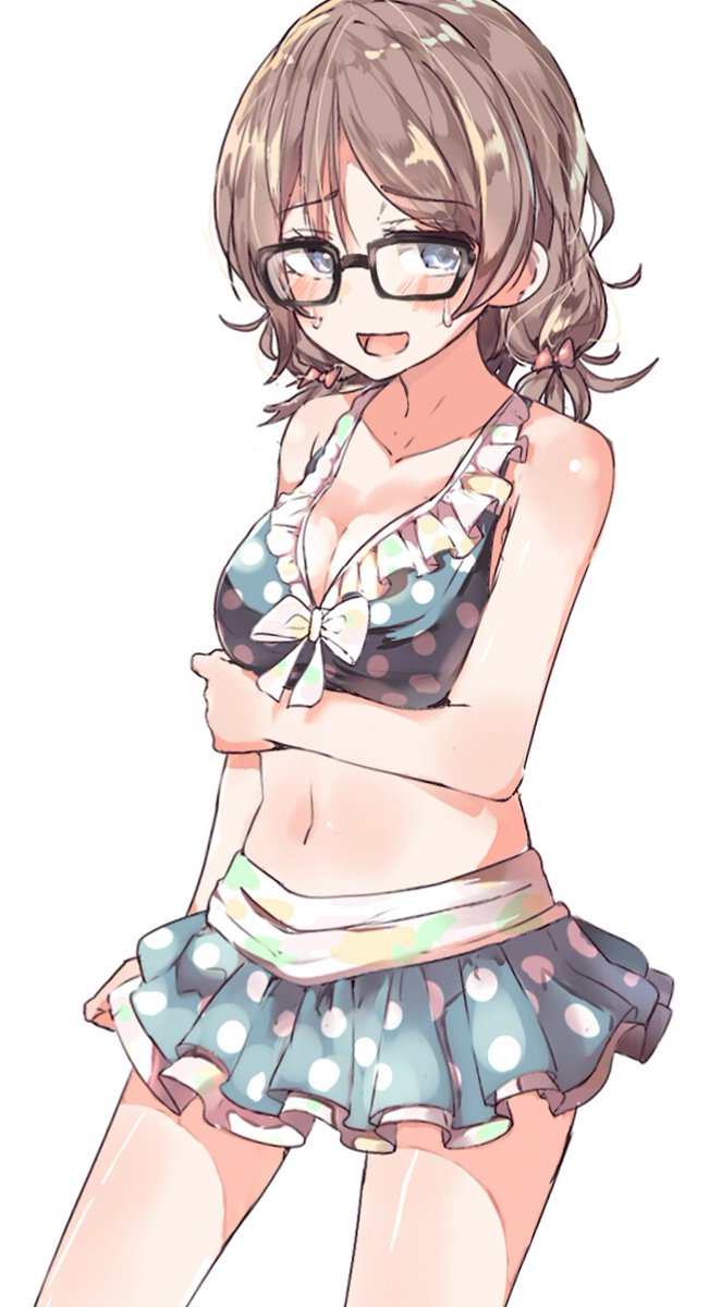 1girl, bikini, bikini_skirt, black-framed_eyewear, blue_eyes, blush, bow, breast_hold