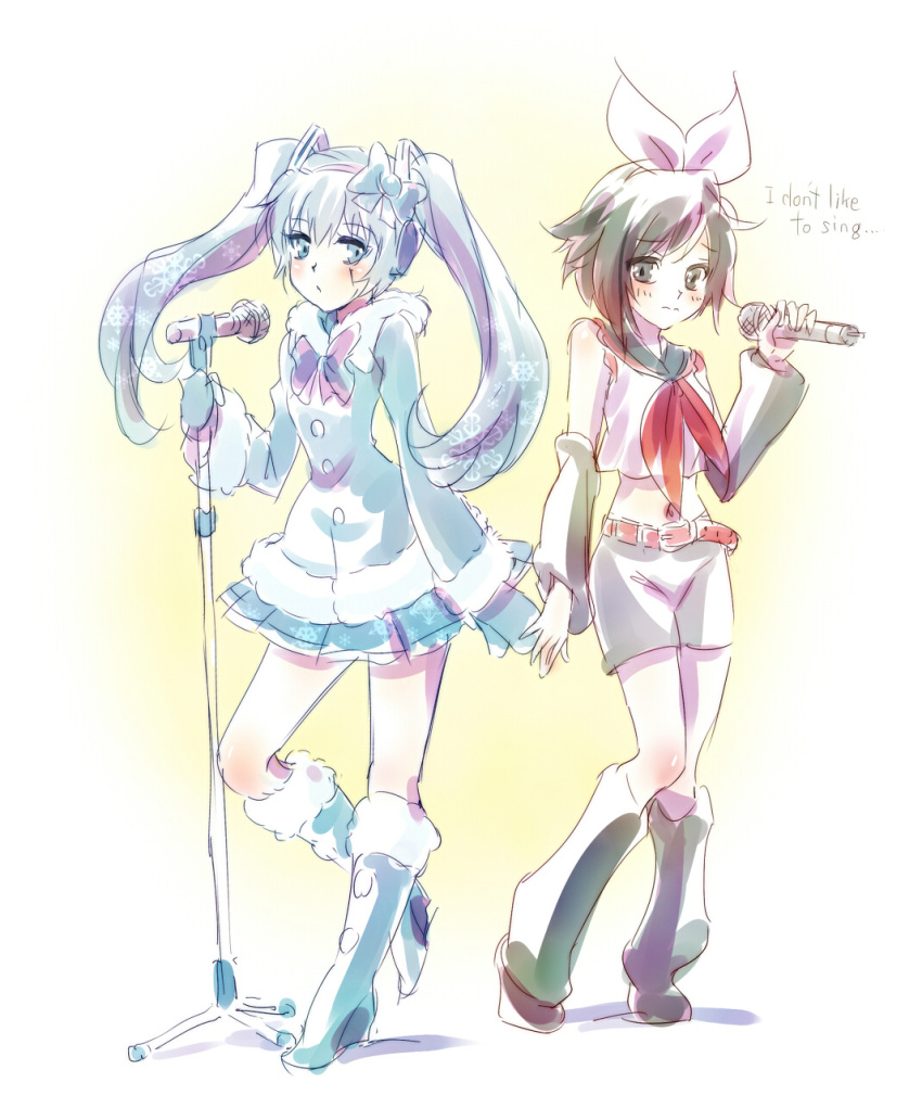 2girls, cosplay, english, hand_holding, hatsune_miku, headphones, highres, iesupa