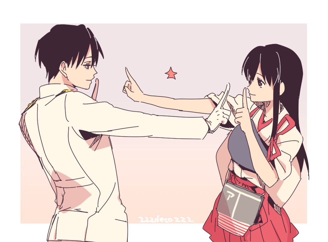 1boy, 1girl, admiral_(kantai_collection), akagi_(kantai_collection), black_hair, deco_(geigeki_honey), eye_contact, finger_to_mouth