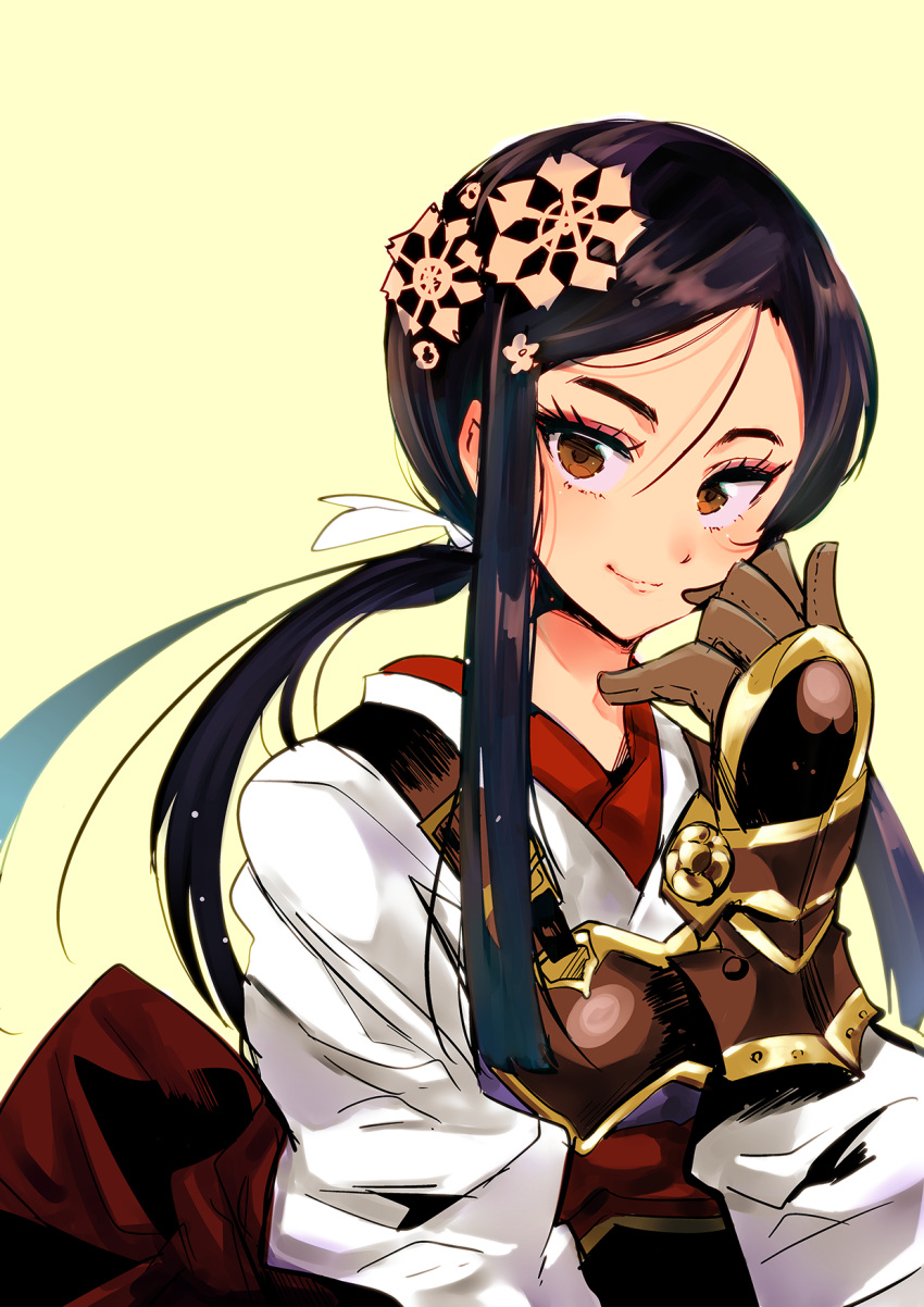 1girl, armor, gauntlets, gloves, hair_ornament, hair_ribbon, highres, japanese_clothes