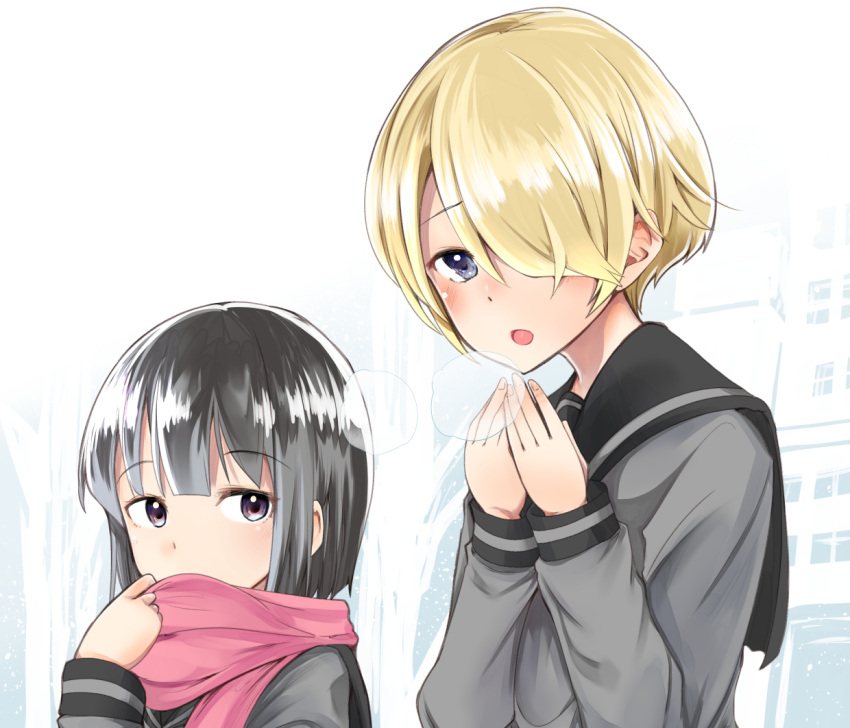2girls, black_eyes, black_hair, blonde_hair, blue_eyes, blush, breath, hair_over_one_eye