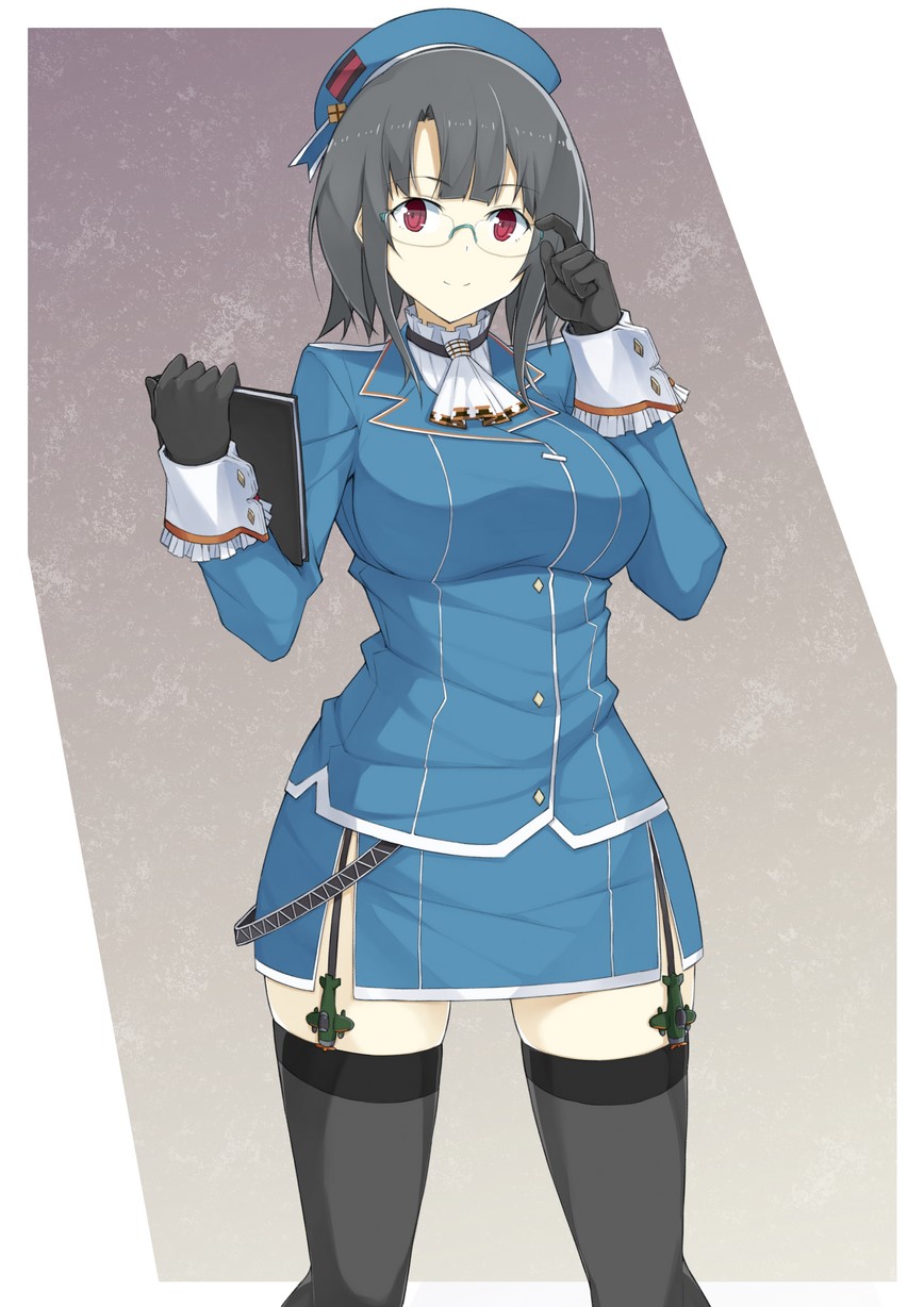 1girl, adjusting_glasses, beret, bespectacled, black_gloves, black_hair, black_legwear, breasts
