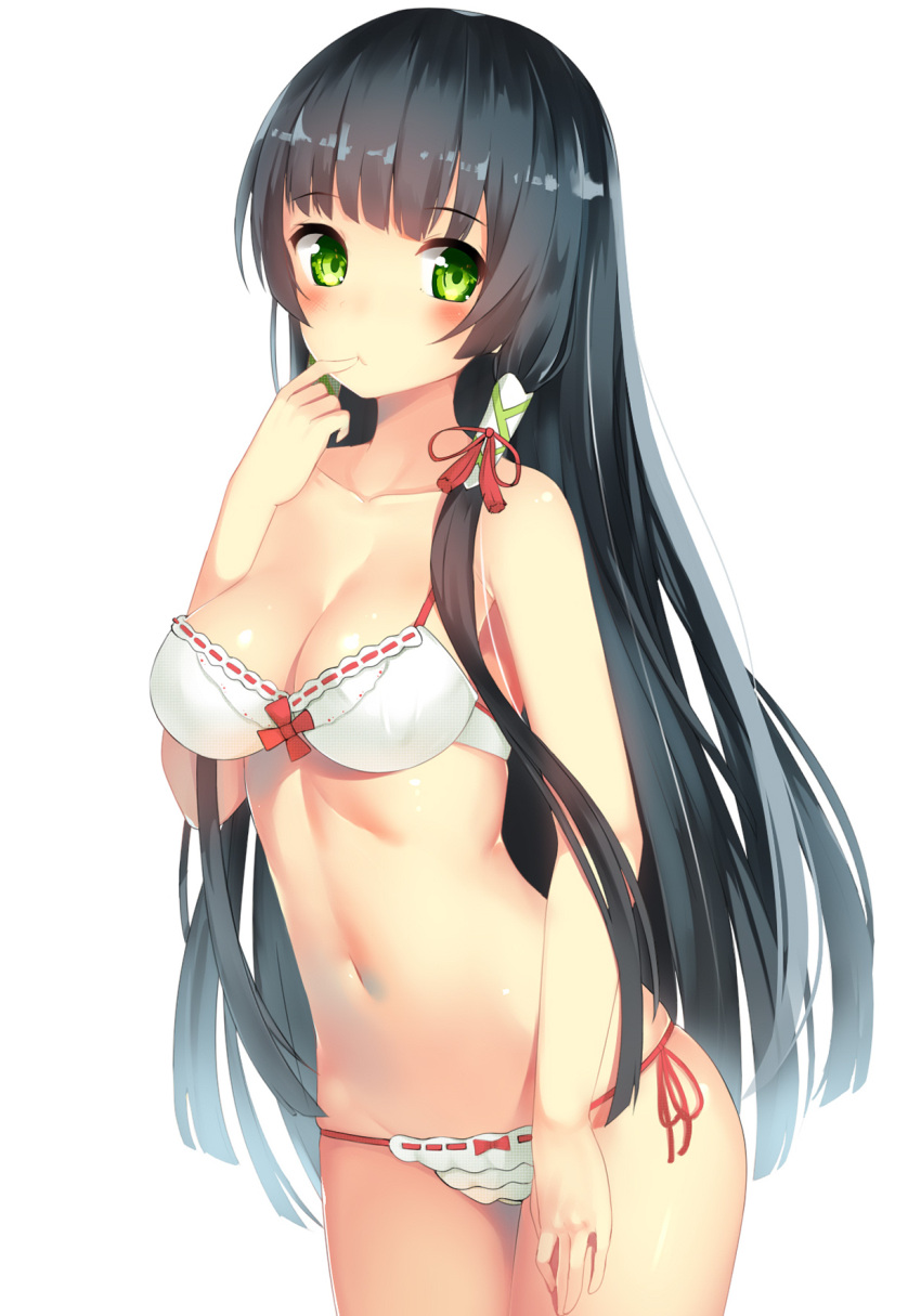1girl, black_hair, blush, bra, breasts, cleavage, finger_to_mouth, gin00