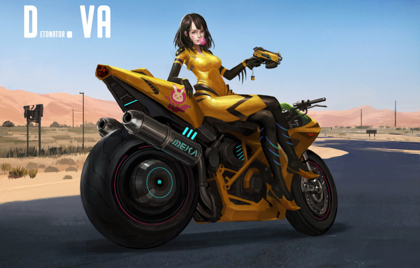 1girl, alternate_hairstyle, b.va_(overwatch), bodysuit, brown_hair, bubble_blowing, bubblegum, d.va_(overwatch), daegeon_jang, ground_vehicle, hair_down, highres, looking_at_viewer, motor_vehicle, motorcycle, overwatch, pilot_suit, road, sitting, solo