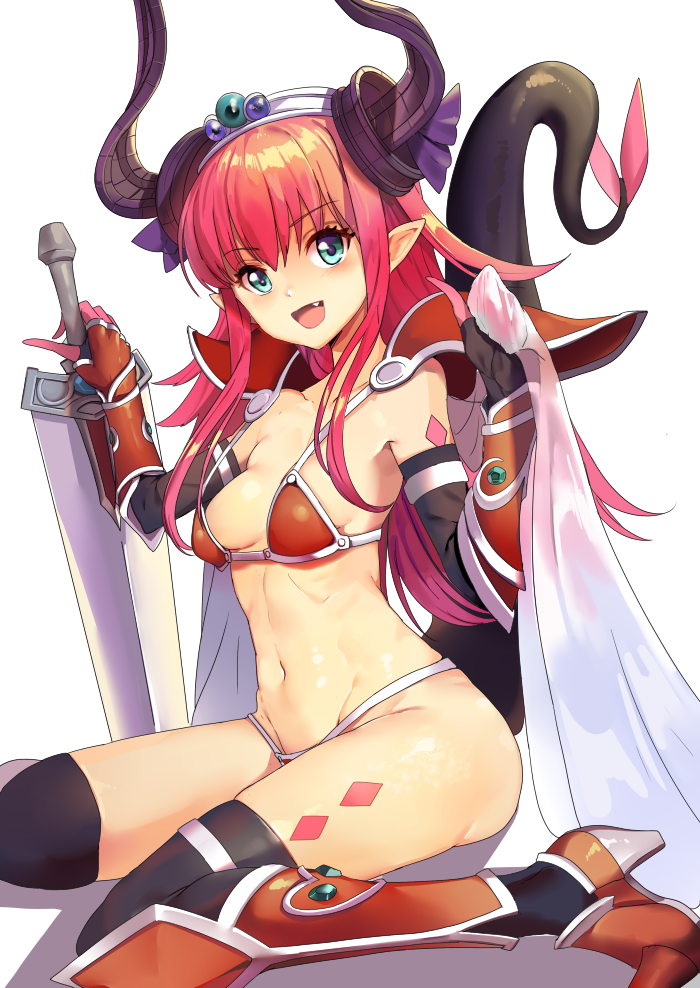 1girl, armor, armored_boots, bangs, bikini, bikini_armor, black_legwear, blue_eyes, boots, breasts, cape, elizabeth_bathory_(brave)_(fate), fang, fate/grand_order, fate_(series), gauntlets, horns, lancer_(fate/extra_ccc), looking_away, navel, oversized_clothes, pauldrons, pink_hair, pointy_ears, red_bikini, shovelwall, simple_background, sitting, small_breasts, smile, solo, swimsuit, sword, tail, tail_raised, thigh-highs, tiara, wariza, weapon, white_background