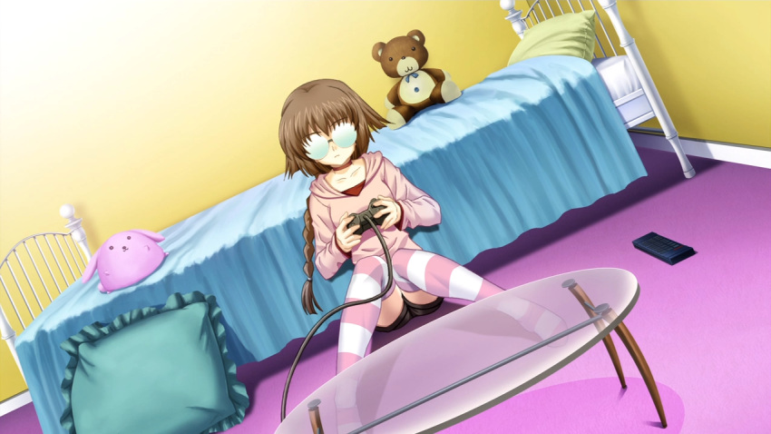 1girl, :3, :i, bed, bed_sheet, bedroom, bespectacled, braid, brown_hair, brown_shirt, choker, cocoa_(phantom_breaker), controller, dutch_angle, expressionless, eyebrows, eyebrows_visible_through_hair, frilled_pillow, frills, game_cg, game_controller, glass_table, glasses, holding, indoors, knees_together_feet_apart, opaque_glasses, phantom_breaker, pillow, pink_sweater, playing_games, red_shirt, remote_control, shirt, shorts, sitting, sitting_on_floor, solo, striped, striped_legwear, stuffed_animal, stuffed_toy, suzuhira_hiro, sweater, table, teddy_bear, thigh-highs