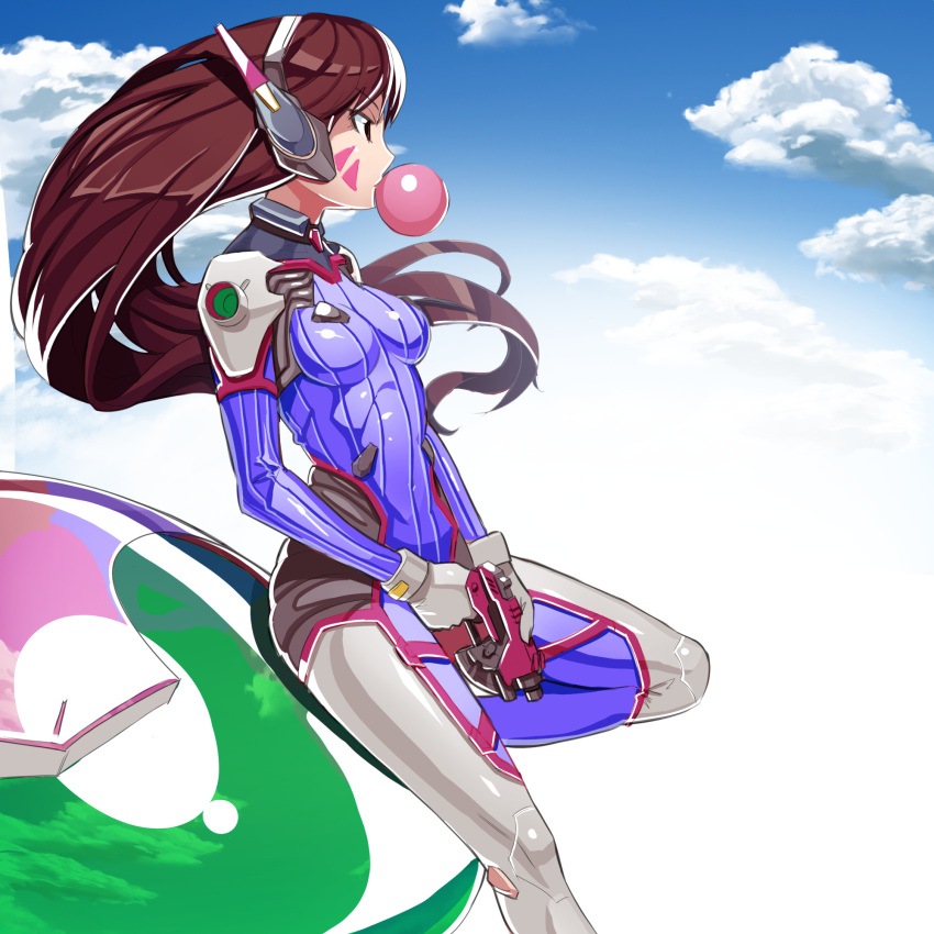 1girl, bangs, blue_sky, bodysuit, boots, bracer, breasts, breasts_apart