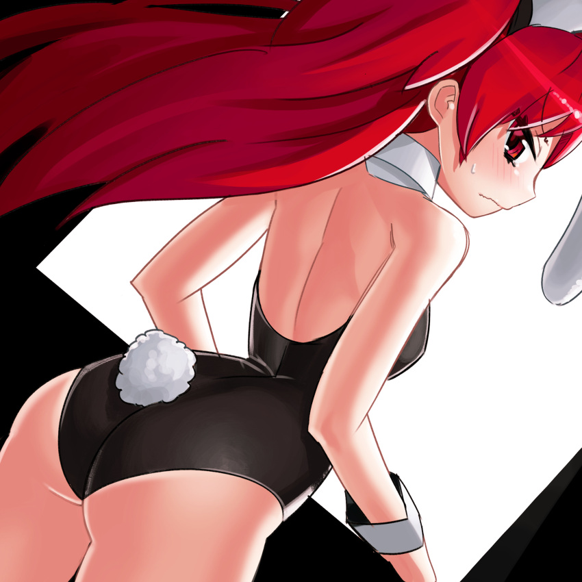 1girl, animal_ears, ass, back, bare_legs, bare_shoulders, black_leotard, bunny_tail