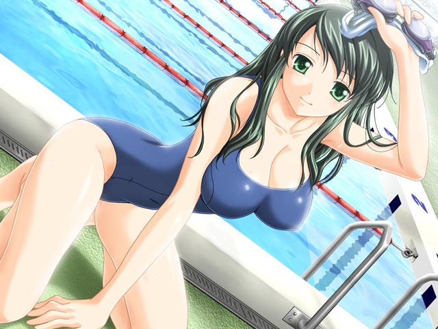 1girl, cleavage, dutch_angle, game_cg, goggles, green_eyes, green_hair, joshiryou_joku_~ryouke_bijin_shimai_odorigui~