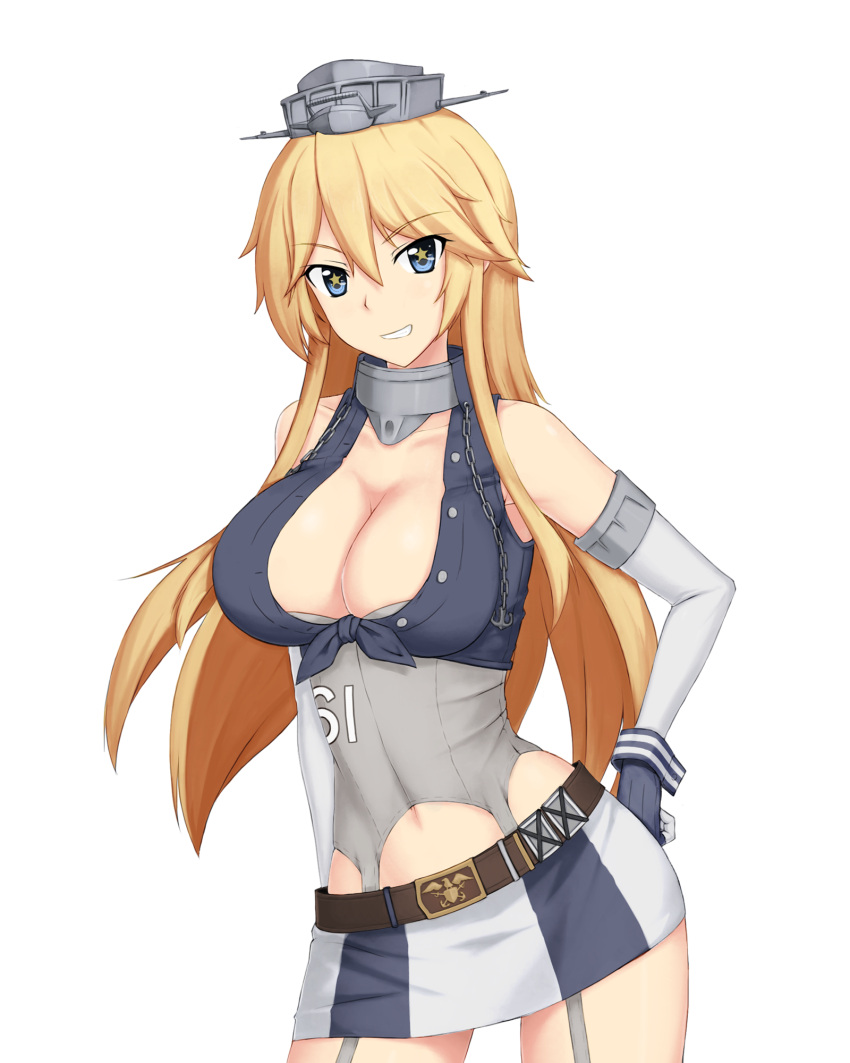 1girl, belt, blonde_hair, blue_eyes, breasts, cleavage, contrapposto, covered_navel