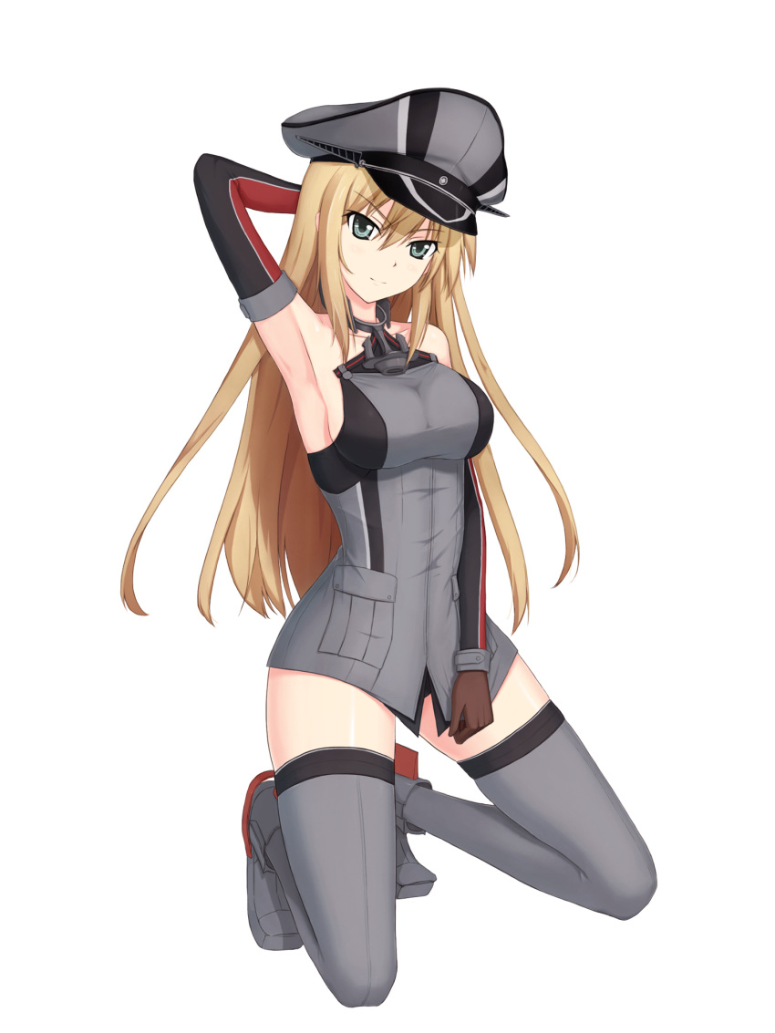 1girl, arm_up, armpits, bare_shoulders, bismarck_(kantai_collection), blonde_hair, blue_eyes, brown_gloves, detached_sleeves, ghound, gloves, grey_legwear, hat, highres, kantai_collection, long_hair, military, military_hat, military_uniform, peaked_cap, simple_background, solo, uniform, white_background
