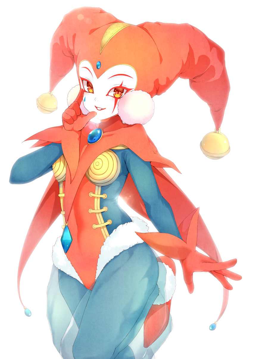 1girl, bell, bodysuit, breasts, cape, chrono_cross, covered_navel, crystal, facepaint, finger_to_face, forehead_jewel, gloves, harem_pants, harlequin, hat, highres, jester_cap, jingle_bell, leg_up, lipstick, looking_at_viewer, makeup, medium_breasts, mikoma_sanagi, pale_skin, pants, pom_pom_(clothes), red_cape, red_eyes, red_gloves, red_lips, red_shoes, see-through, shoes, simple_background, slit_pupils, smile, solo, standing, standing_on_one_leg, teardrop, tsukuyomi_(chrono_cross), white_background