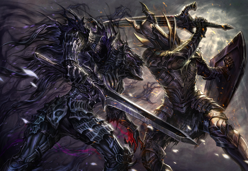 2boys, armor, battle, black_knight_(dark_souls), cape, commentary_request, damaged, dark_souls, dark_souls_iii, dark_wraith, embers, epic, fighting_stance, full_armor, gauntlets, greaves, hands, haze, helmet, highres, knight, light_rays, manly, multiple_boys, muscle, petals, shield, skull, souls_(from_software), sunbeam, sunlight, sword, touge_(kubiwa_tsuki), weapon