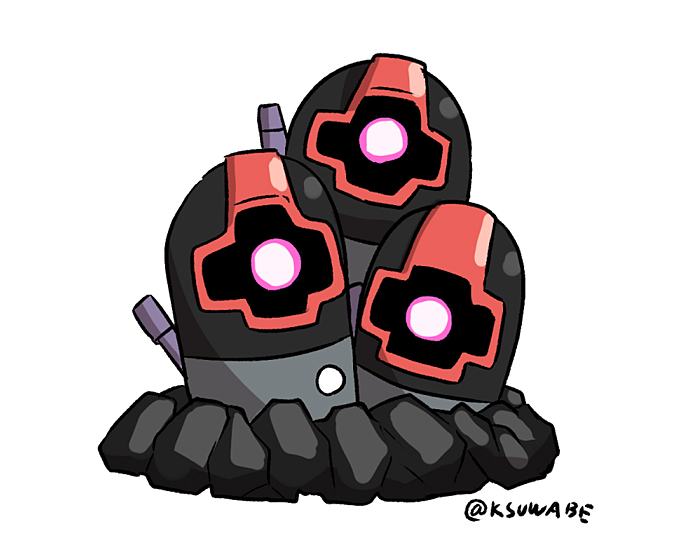 black_tri-stars, commentary_request, crossover, dom, dugtrio, glowing, glowing_eye, gundam, kei-suwabe, mecha, parody, pokemon, twitter_username, white_background