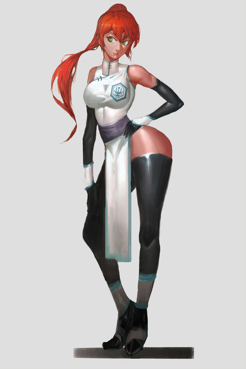 1girl, artist_request, black_gloves, black_legwear, china_dress, chinese_clothes, contrapposto, dark_skin