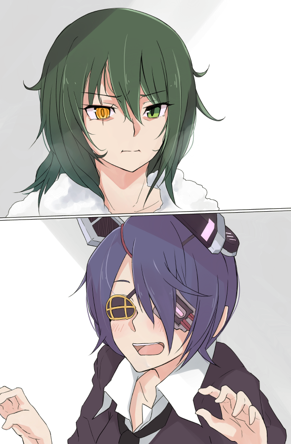 2girls, 2koma, :i, :t, blush, comic, commentary, double_eyepatch