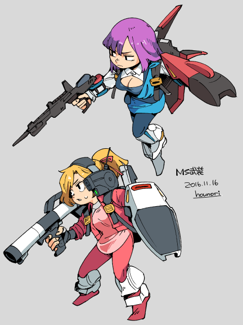 2girls, artist_name, bazooka, beam_rifle, blonde_hair, breasts, cleavage, cleavage_cutout