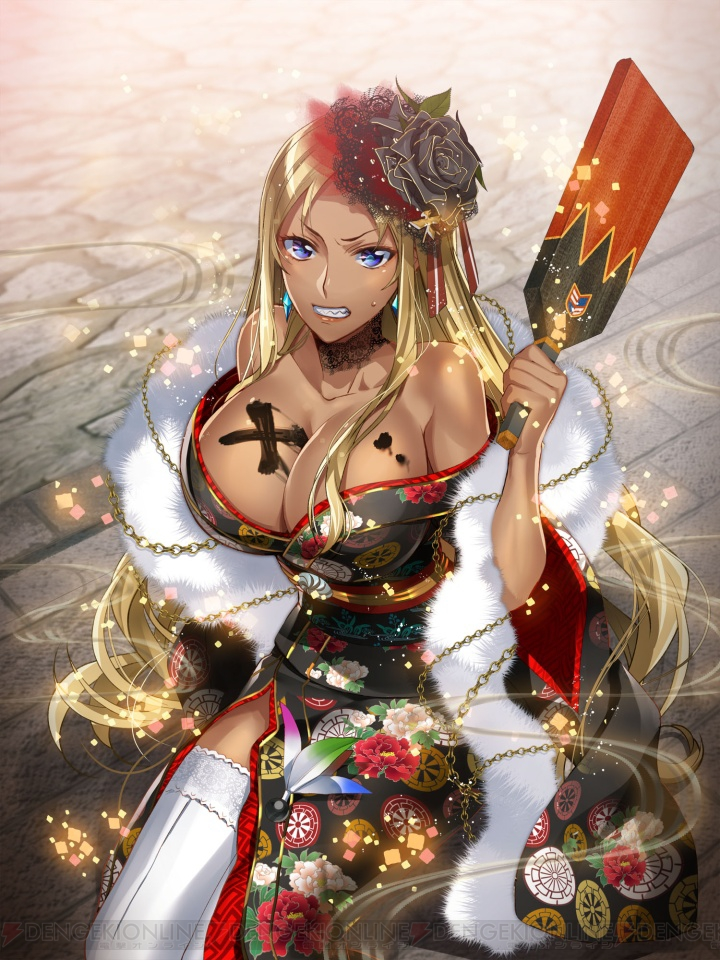 1girl, alternate_costume, bare_shoulders, blonde_hair, bodypaint, border, breasts, choker, cleavage, dark_skin, earrings, feather_boa, flower, hair_flower, hair_ornament, jewelry, large_breasts, long_hair, lydia_agute, murakami_yuichi, official_art, paddle, senjou_no_valkyria, senjou_no_valkyria_3, solo, thigh-highs, very_long_hair, white_legwear