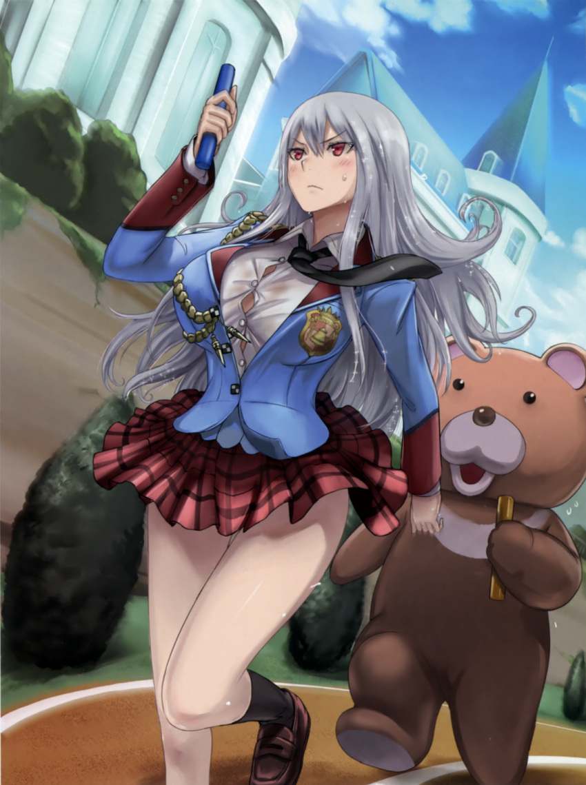 1girl, alternate_costume, animal_costume, bear_costume, blush, blush_stickers, breasts, building