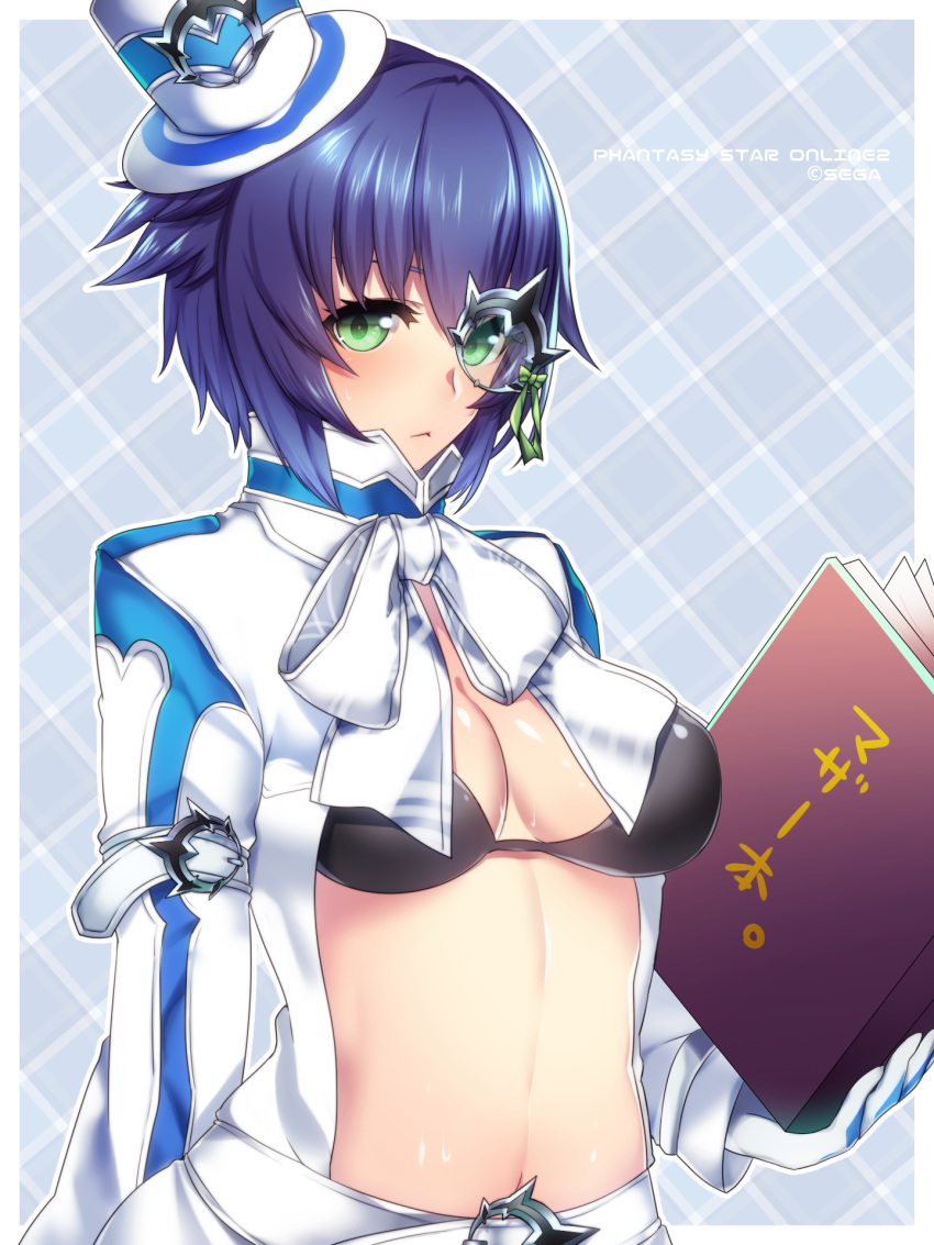 1girl, :<, arm_belt, belt, black_bra, blush, book, bow, bra, breasts, cleavage, coat, copyright_name, gloves, green_eyes, hat, highres, looking_at_viewer, mini_hat, mini_top_hat, monocle, navel, open_clothes, phantasy_star, phantasy_star_online_2, phul_j_lasswitz, short_hair, solo, sweat, sweatdrop, top_hat, underwear, white_gloves, yutazou