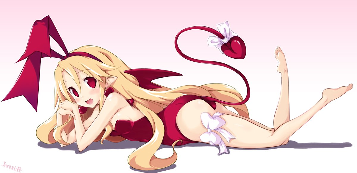 1girl, barefoot, blonde_hair, blush, bow, demon_tail, demon_wings, disgaea