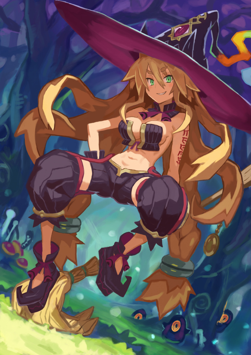 1girl, absurdres, arm_tattoo, bare_tree, blonde_hair, blush, boots, braid