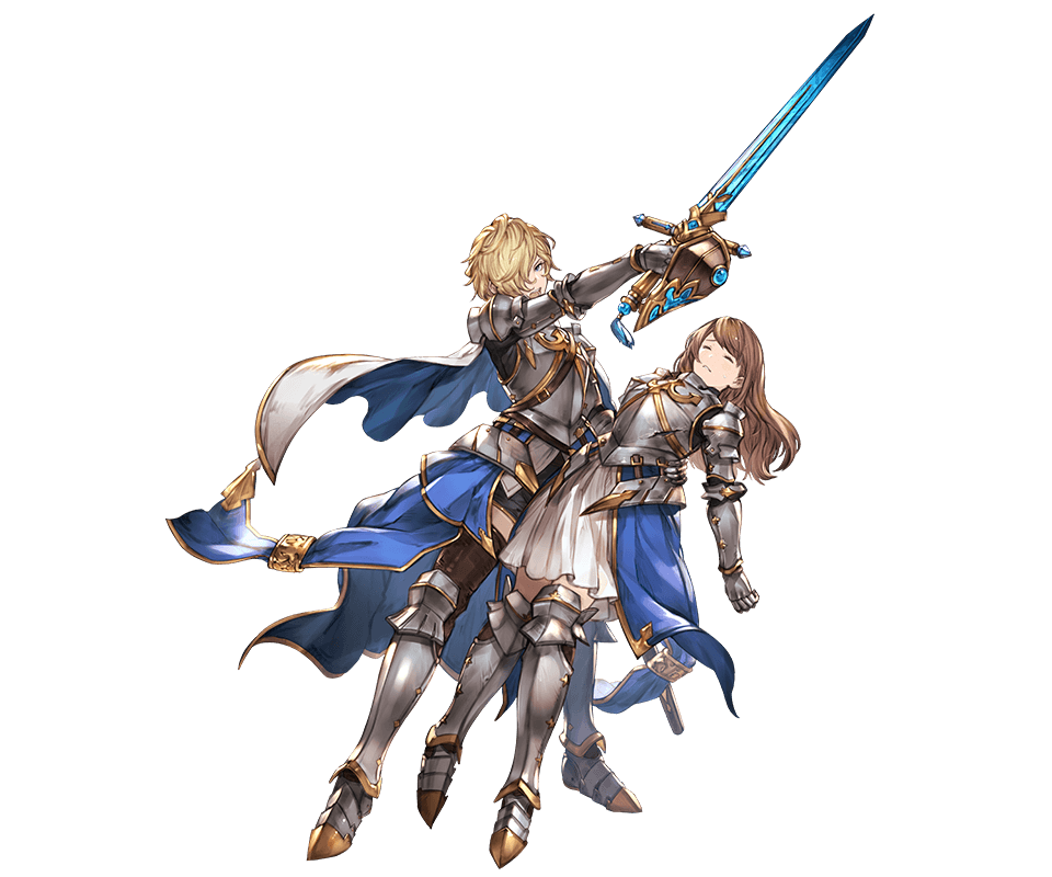 2girls, black_shorts, blonde_hair, blue_eyes, brown_legwear, buckler, cordelia_(granblue_fantasy), full_body, gauntlets, granblue_fantasy, hair_over_one_eye, hair_ribbon, holding, holding_sword, holding_weapon, minaba_hideo, multiple_girls, official_art, reverse_trap, ribbon, shield, short_hair, shorts, simple_background, sword, thigh-highs, transparent_background, unsheathed, weapon, zettai_ryouiki