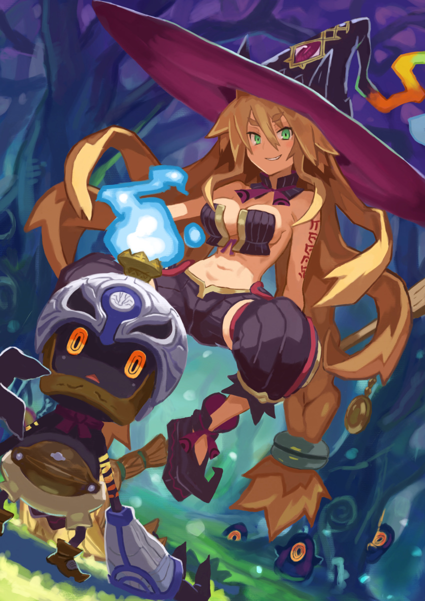 1girl, absurdres, arm_tattoo, bare_tree, blonde_hair, blue_fire, blush, boots, braid, breasts, broom, brown_boots, creature, dutch_angle, eyebrows, eyebrows_visible_through_hair, fire, green_eyes, grin, hair_between_eyes, hat, head_tilt, helmet, highres, hyakkihei, long_hair, majo_to_hyakkihei, medium_breasts, metallica_(majo_to_hyakkihei), navel, outdoors, p_shiki, pants, smile, spread_legs, standing, tattoo, thick_eyebrows, tree, triangle_mouth, twin_braids, twintails, very_long_hair, witch, witch_hat