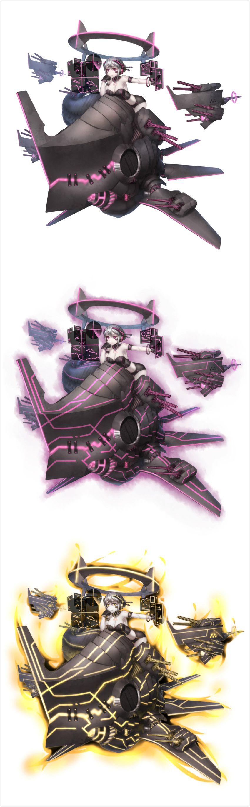 1girl, absurdres, armband, bracelet, breasts, bustier, cleavage, collar, flagship_nu_class, gloves, hand_on_own_chin, highres, jewelry, leaning_on_object, mechanical_halo, multiple_views, official_art, pink_eyes, qingmingtongzi, shinkaisei-kan, short_hair, short_shorts, shorts, variations, white_hair, white_skin, yellow_eyes, zhan_jian_shao_nyu