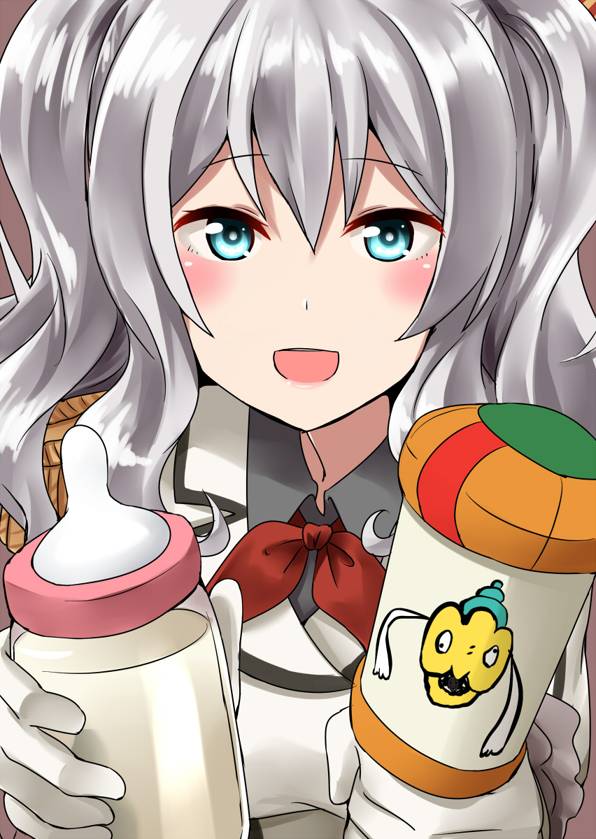 1girl, :d, blue_eyes, bottle, cameo, crossover, curly_hair, epaulettes
