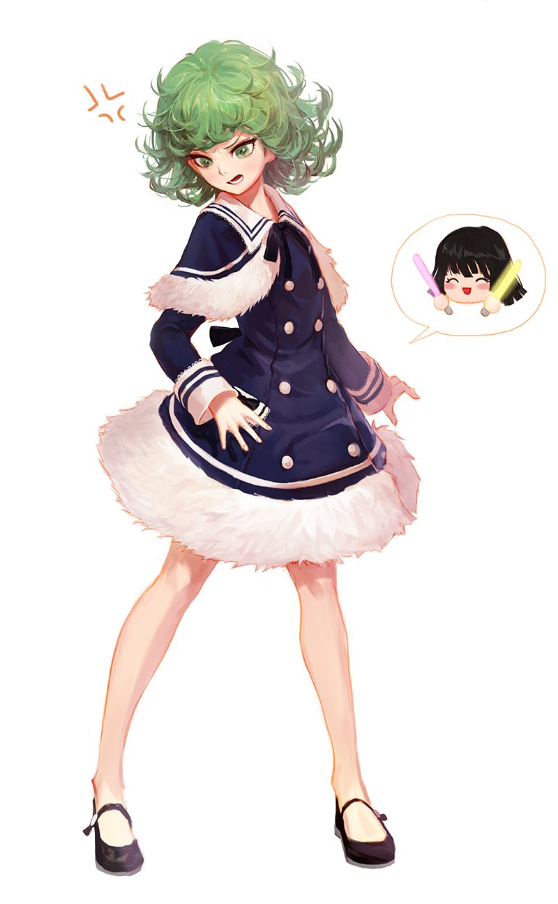2girls, alternate_costume, anger_vein, bakgae, bare_legs, black_hair, curly_hair, fubuki_(one-punch_man)