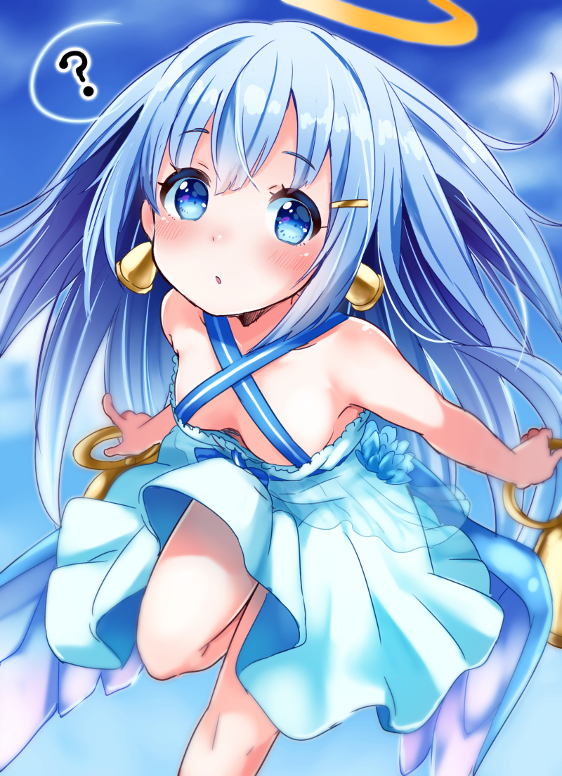 1girl, ?, bell, bell_earrings, bellringer_angel, blue_eyes, blue_hair, commentary_request, criss-cross_halter, downblouse, dress, earrings, halter_top, halterneck, hatomugi_(mugicha), jewelry, long_hair, looking_at_viewer, shadowverse, solo