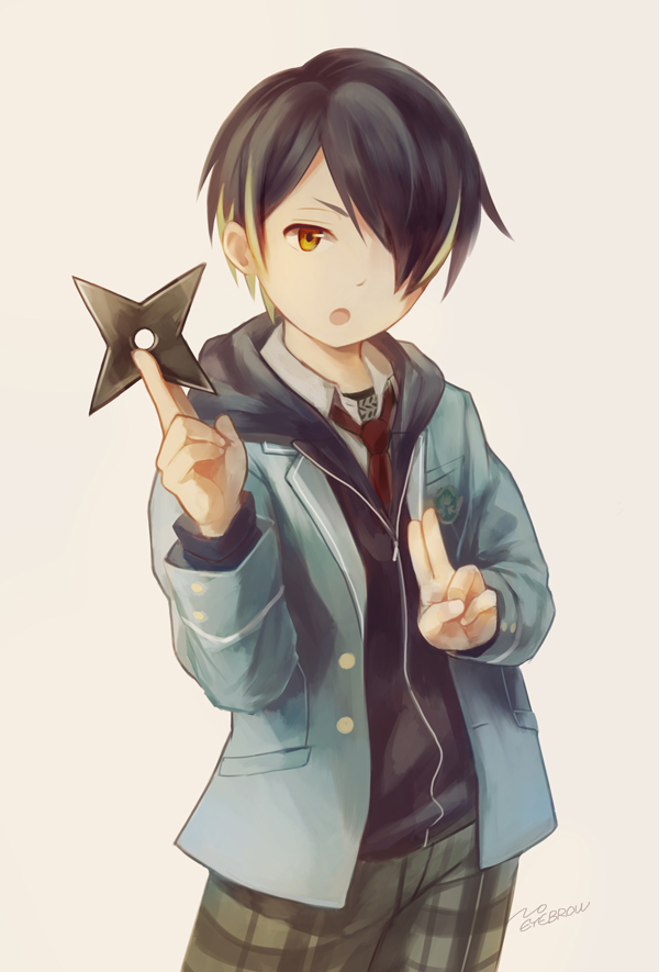 1boy, 1girl, artist_name, black_hair, ensemble_stars!, hair_over_one_eye, looking_at_viewer, male_focus