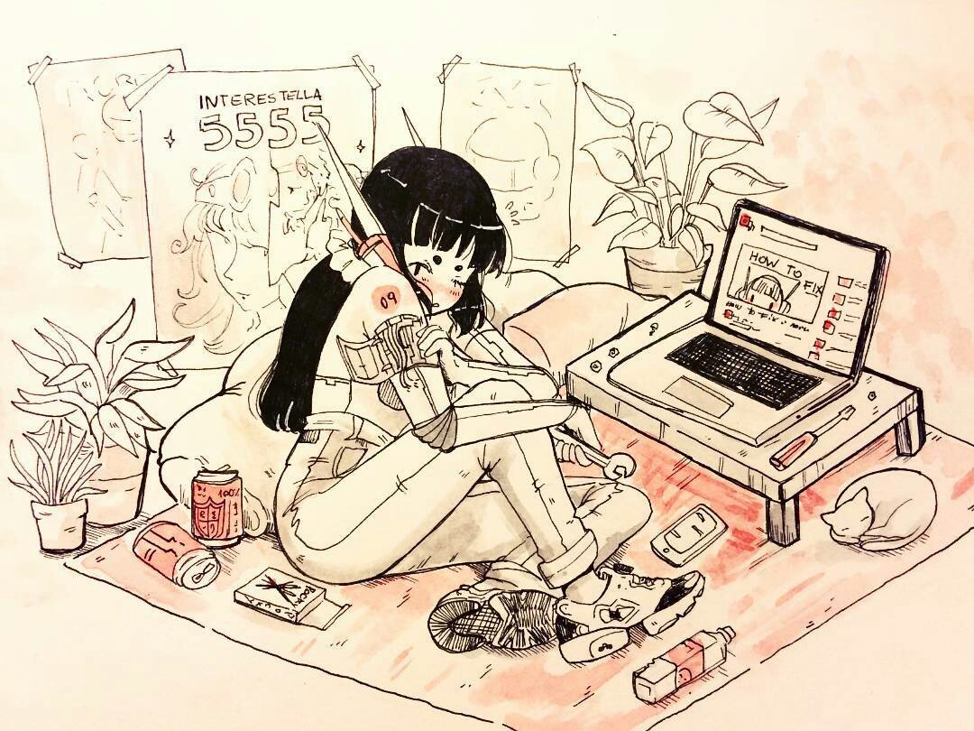1girl, animal, bare_shoulders, black_hair, blush, bottle, can, carpet, cat, commentary, computer, crisalys, cyborg, female, flower_pot, flying_sweatdrops, food, handheld_game_console, holding, indoors, interstella_5555, laptop, leaf, long_hair, looking_at_viewer, monochrome, nose_blush, one_eye_closed, original, pants, plant, pocky, poster_(object), screw, screwdriver, shirtless, shoes, sitting, sneakers, soda_can, solo, table, water_bottle, wrench