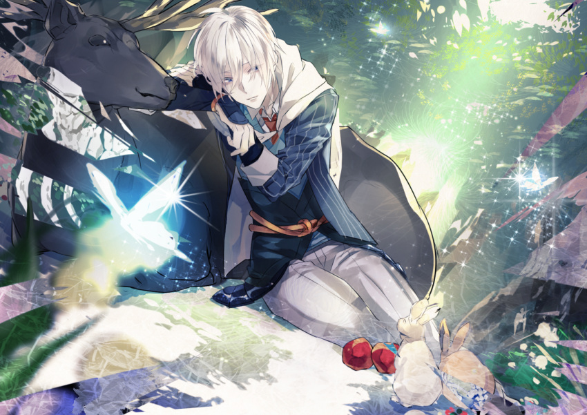 1boy, animal, blonde_hair, blue_eyes, butterfly, cloak, collared_shirt, deer