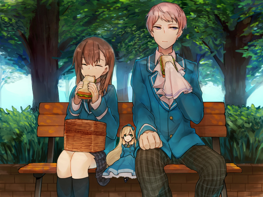 1boy, anzu_(ensemble_stars!), bench, braid, brick_wall, brown_hair, bush, closed_eyes