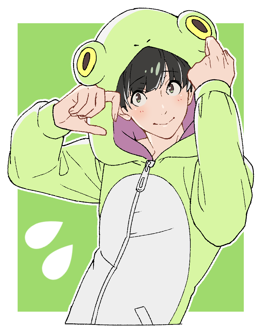 1boy, 92_(artist), :>, animal_costume, black_hair, blush, frog_costume, frog_hood, green_background, green_eyes, male_focus, matsuno_choromatsu, osomatsu-kun, osomatsu-san, outline, pocket, simple_background, solo, upper_body, zipper, zipper_pull_tab