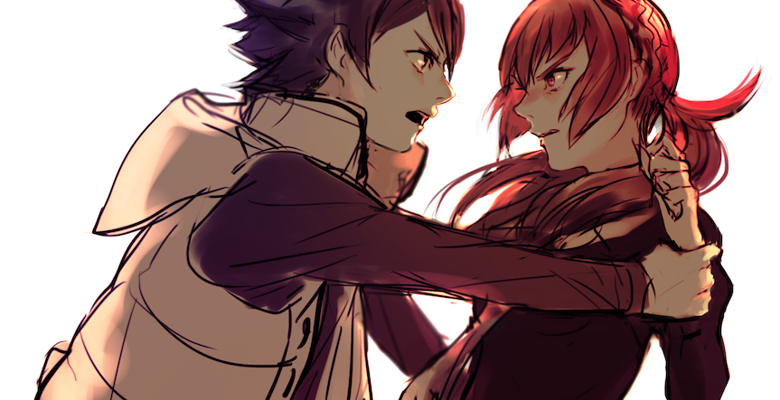 1boy, 1girl, banryuu_reoko, black_dress, bubuki_buranki, dress, eye_contact, holding_arm