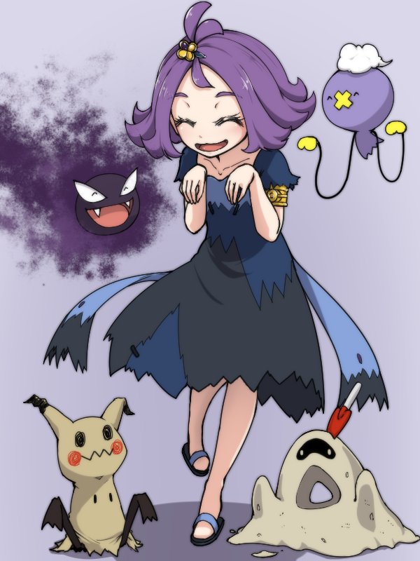 1girl, :d, ^_^, acerola_(pokemon), armlet, closed_eyes, dress, drifloon, elite_four, ghastly, ghost, hair_ornament, half_updo, mimikyu_(pokemon), open_mouth, pokemon, pokemon_(creature), pokemon_(game), pokemon_sm, purple_hair, sand, sandals, sandygast, short_hair, short_sleeves, shovel, smile, solo, stitches, torn_clothes, torn_dress, usui_ryuusan, worktool, z-move