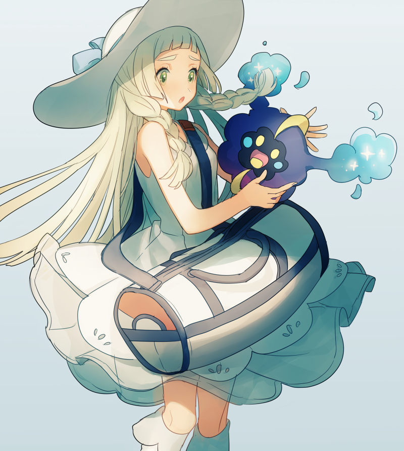 1girl, :o, asuda, bag, bangs, bare_arms, blonde_hair, blue_background, blunt_bangs, braid, cosmog, dress, green_eyes, handbag, hat, lillie_(pokemon), long_hair, open_mouth, pokemon, pokemon_(creature), pokemon_(game), pokemon_sm, simple_background, sleeveless, sleeveless_dress, solo, sun_hat, twin_braids, white_dress, white_hat