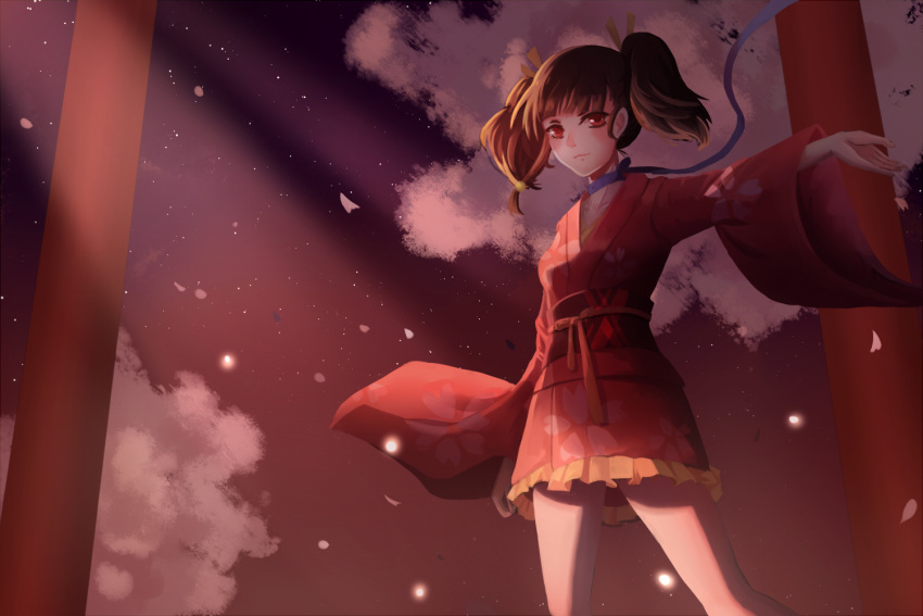 1girl, black_hair, blue_ribbon, cherry_blossoms, collarbone, from_below, japanese_clothes, kimono