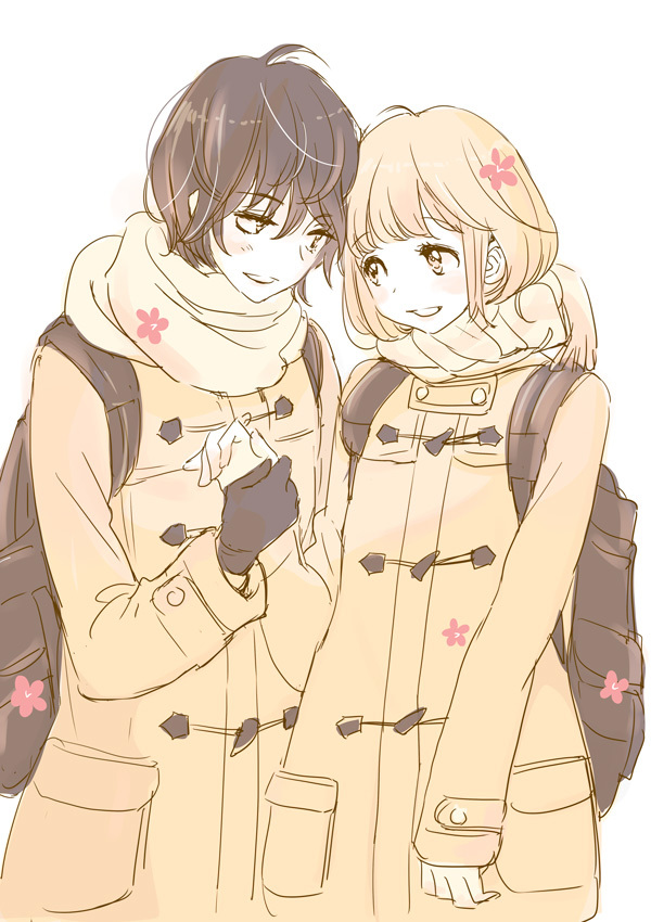 2girls, bag, bangs, blonde_hair, blunt_bangs, brown_hair, coat, flower